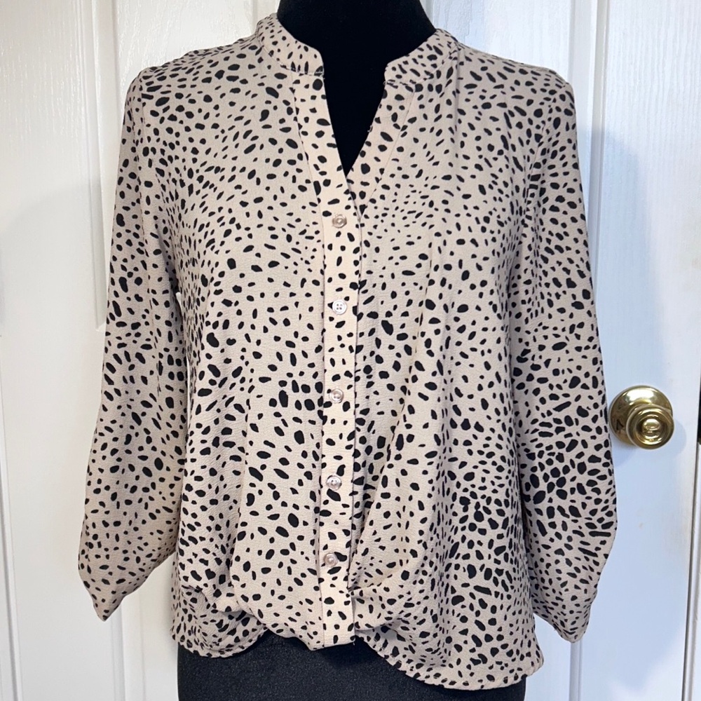 Hippie Rose Dalmatian Print Knot Front Blouse Tan Black Polka Dot Roll Tab